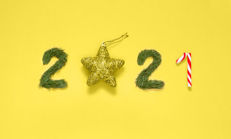 Numbers 2021 of tree needles, candy and yellow Christmas star, New Year minimal concept on color of...