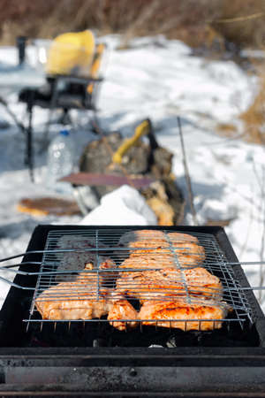 Winter barbecue party outdoors, grill steak meat over hot coals in BBQ at campsite cookout, close up view, camping lifestyle, vertical imageの写真素材