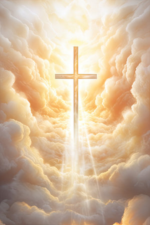Christian cross and divine light through the clouds around cross in sky, enchanting light and peach fuzz tones on heaven, religion concept, vertical imageの素材