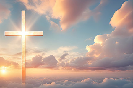 Christian cross and divine light through the clouds in sky, enchanting light on heaven, religion concept, copy spaceの素材