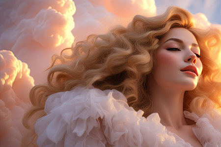 Airy art portrait of enchanting woman in ruffle dress with curly hair on clouds sky, low angleの素材