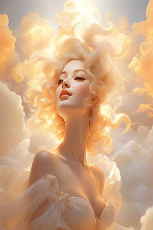 Airy art portrait of enchanting goddess woman with divine light on clouds sky in Renaissance style, tender peach fuzz tone, vertical imageの素材