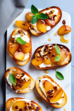 Bruschetta with caramelized pears and cheese, delicious crostini for gourmet breakfast, brunch or lunch, close up, vertical imageの素材