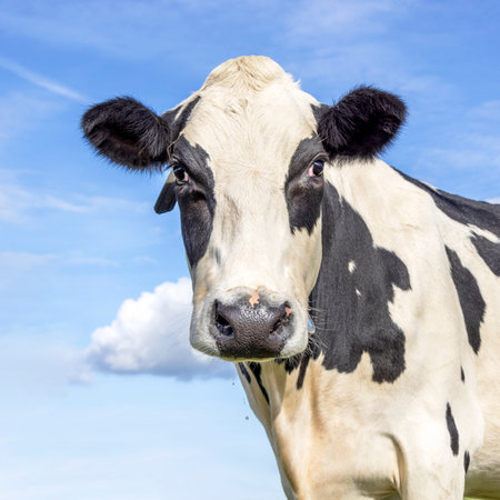 Dairy cow, black and white with big eyes looking cute in front of a blue skyの写真素材