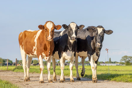 3 cows on a path, black red and white, standing together, in a row next to each other and looking, green grass and a blue skyの写真素材