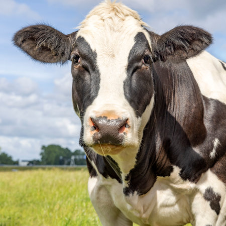 Cow muscular beef black and white, soft looking at camera, pink nose, front view and a blue skyの写真素材