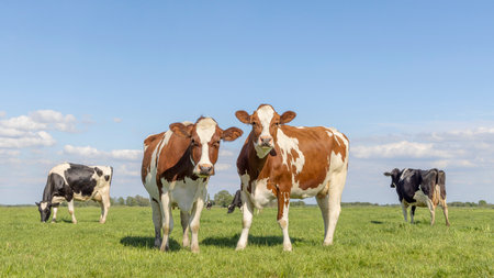 2 happy cows, couple looking curious red and white, in a green field under a blue sky and horizon over landの写真素材