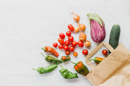 Shopping bag with assorted veggies and copy space for text