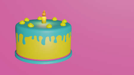 Birthday cake with a candle on a colorful pastel colors with copy-spaceの写真素材