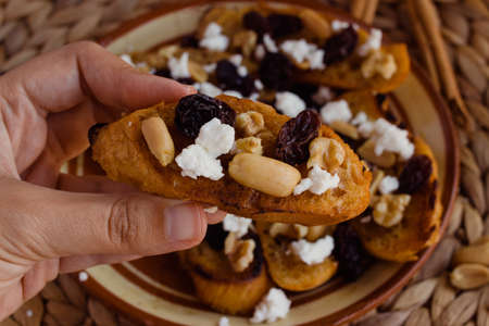 Close-up of Capirotada sliceの写真素材