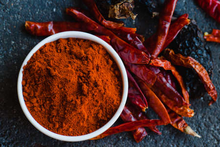 Cayenne and chili pepper close-up. Chile ancho is a variety of dried chili peppersの写真素材