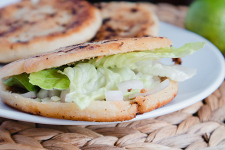 Close-up of gordita de chicharron, a big stuffed tortilla eaten in Mexico cityの写真素材