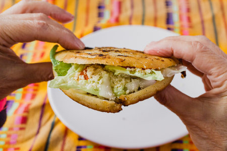 Hand holding mexican gordita de chicharronの写真素材