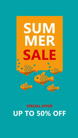 Summer sale final up to 50 percent off poster with fishes. Flat vector design for a shop and sale banners, flyers.のイラスト素材