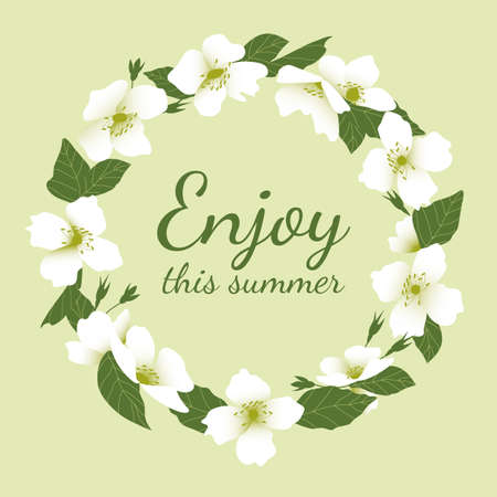Blossom jasmine flower wreath with Enjoy this summer text for greeting card, banner, invitation. Vector illustration.のイラスト素材