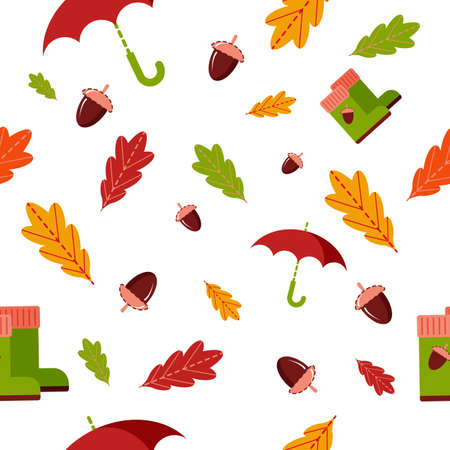 Autumns oak leaves, umbrella and rain boots seamless pattern. Can be used in textile and wallpaper, wrapping-paper design.のイラスト素材