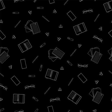 Stationery seamless pattern on black background. Vector line art illustrationのイラスト素材