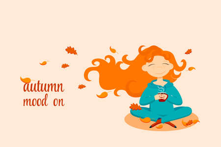 Happy red-haired girl is holding cup with hot drink in autum leaves. Vector flat illustration.のイラスト素材
