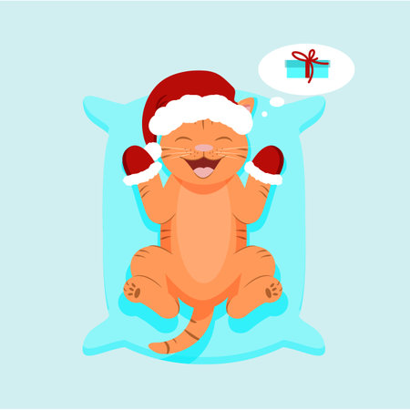 Cute christmas baby tiger in Santa hat. Flat vector illustration.のイラスト素材