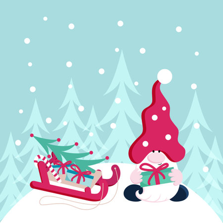 Christmas little gnome with presents. Vector flat illustration.のイラスト素材