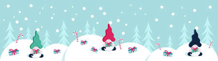 Winter season or christmas landscape with little gnome and presents vector long background or bannerのイラスト素材