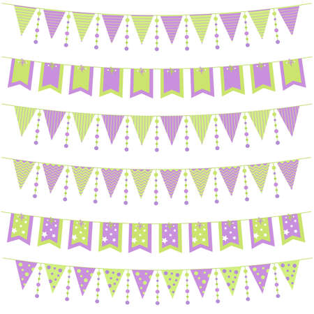 Lilac and green party pennants and garlands with flags set isolated on white background for birthday, carnaval, holiday, fair. Vector.のイラスト素材