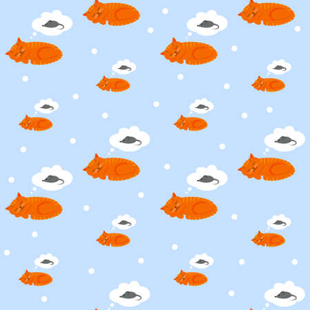 Cute sleeping ginger cat is thinking about a mouse. Flat vector seamless pattern on blue background.のイラスト素材