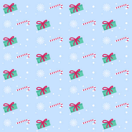 Seamless Christmas and New Year vector pattern with snowflakes, presents and canes. Blue background.のイラスト素材