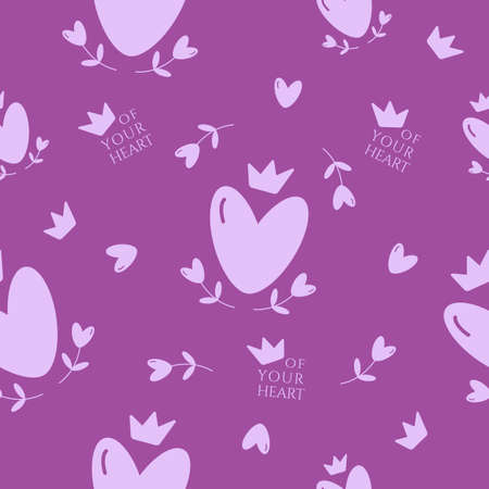 Seamless pattern with hearts, crowns, flowers in heart shape and title queen of your heart. Vector flat illustrationのイラスト素材
