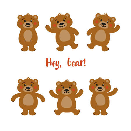 Teddy bear character set in vector simple flat style. Bear standing, waving by paw, smiling, dancing, sitting, hugging.のイラスト素材