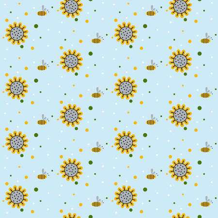 Seamless vector sunflower and bee pattern on blue backgroundのイラスト素材
