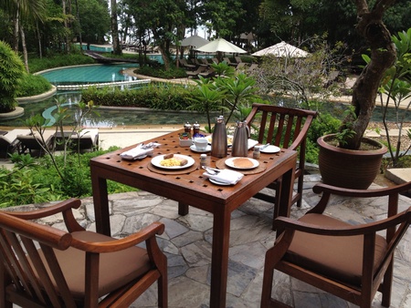 Outdoor breakfast surrounding with beautiful view. の素材