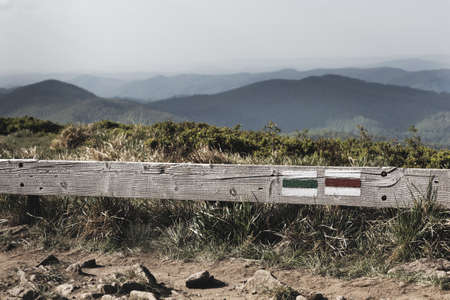 Hiking to Polonina Carynska Bieszczady Mountains Poland, a view from tourist trail.の写真素材