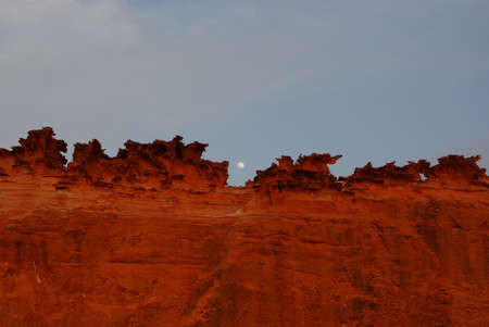 Rock wall and moon in the evening, Little Finland, Nevadaの写真素材