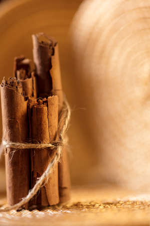 Cinnamon sticks with a jute string on a golden groundの写真素材