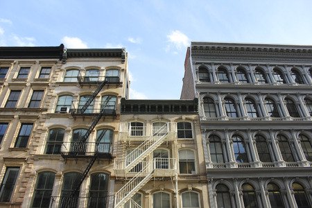 downtown new York city buildings from low angleの写真素材