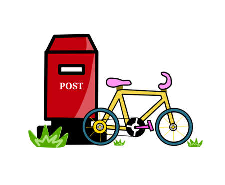 A red post box and bicycle isolated on white background cartoon illustration designの写真素材
