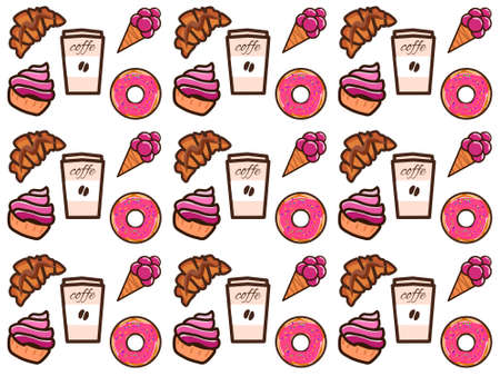 Illustration Donut cupcake croissant coffee cup cartoon design seamless pattern backgroundの写真素材