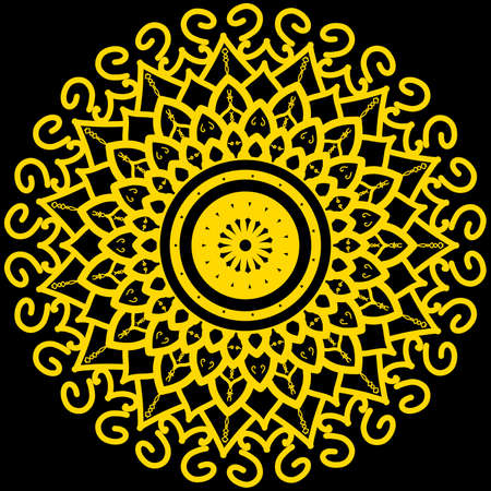 Illustration design mandala bright gold isolated on black backgroundの写真素材