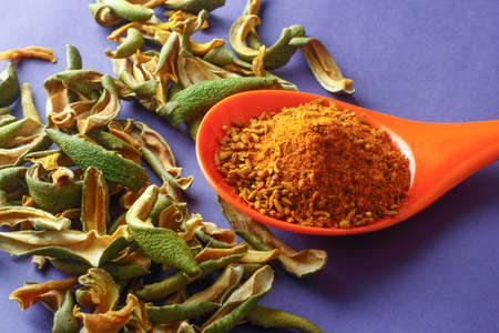 close up of indian achar masala with dry mango  slice in a spoonの写真素材