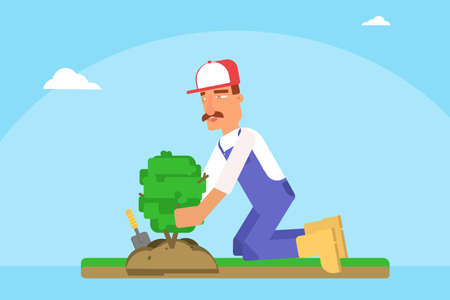 Gardener planting sapling flat vector illustration. Sprout growing in soil. Young fruit tree. Handyman using gardening tools. Worker with shovel in yard. Summer and spring seasonal workのイラスト素材