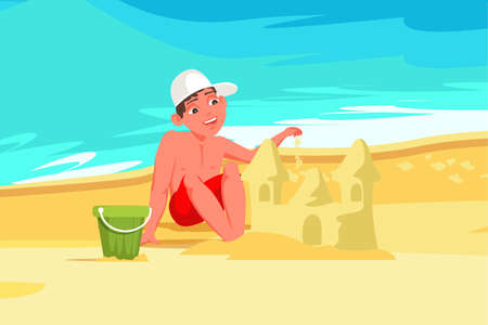Boy building sandcastle flat vector illustration. Child play on beach cartoon character. Summer vacation. Sea, waves, sand castle. Childhood entertainment, leisure. Childrens outdoor activityのイラスト素材