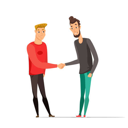 Young men shaking hands color vector illustration. Two guys meeting flat clipart. Friends together. Business partners, partnership. Cartoon characters in casual clothes. Isolated design elementのイラスト素材