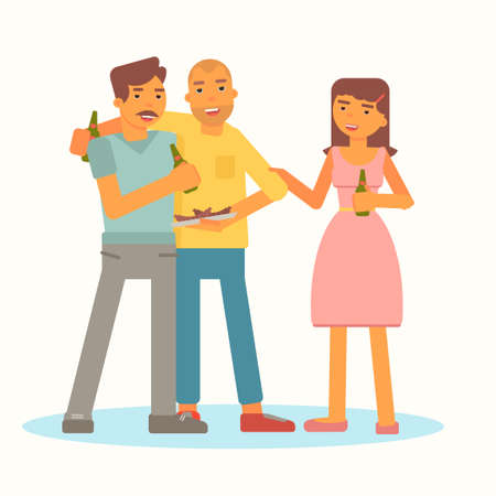 Young people on picnic flat color illustration. Two cheerful men and smiling woman cartoon characters. Friends. Family vacation vector drawing. Outdoor leisure, camping isolated design elementのイラスト素材