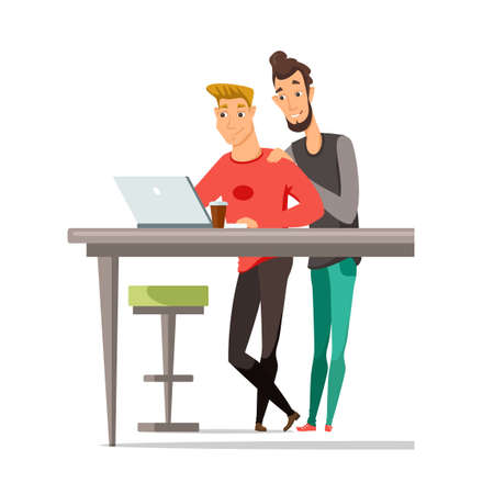 Partnership flat color vector illustration. Two caucasian guys working together. Business partners, partnership. Good job recognition. Gays, friends cartoon characters. Isolated design elementのイラスト素材
