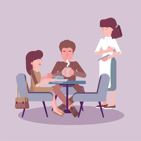 Waitress serving table flat color illustration. Young woman holding notepad cartoon character. Catering employee takes customer order vector drawing. Restaurant, cafe service isolated design elementのイラスト素材