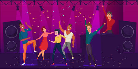 Nightclub discotheque flat color illustration. Group of young people dancing cartoon characters. Dance party, disco vector drawing. DJ stage performance. Men and women enjoying clubbing nightのイラスト素材
