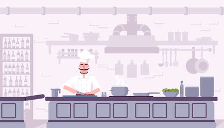 Restaurant kitchen interior vector illustration. Chef cooking delicious food cartoon character. Culinary workshop flat color drawing. Professional chef cook dinner. Cafe, catering service bannerのイラスト素材