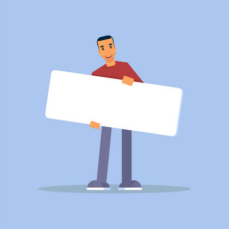 Man holding promo placard flat vector illustration. Cartoon character with empty poster mockup for text and design. Caucasian handsome boy have blank poster in hands. Advertising, promotion campaignのイラスト素材