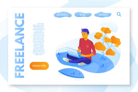 Freelance service landing page flat vector template. Freelancer portfolio website, webpage. Young man working with laptop cartoon character. Remote job color web banner concept illustrationのイラスト素材